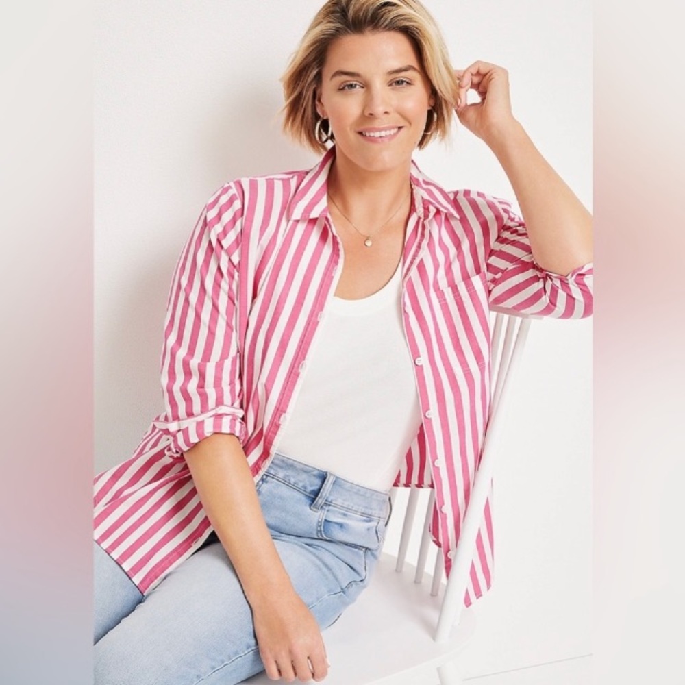Maurices 4/$20 Pink Striped Cotton Shirt L - Picture 3 of 6